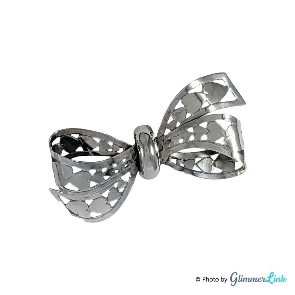 Vintage MARINO Silver Tone Bow Hearts Filigree Brooch